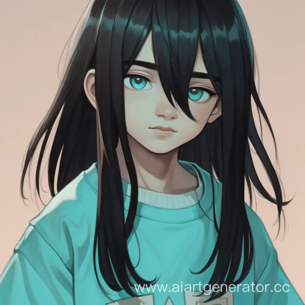 Portrait-of-a-Young-Boy-with-Long-Straight-Black-Hair-Tipped-in-Pale-Turquoise