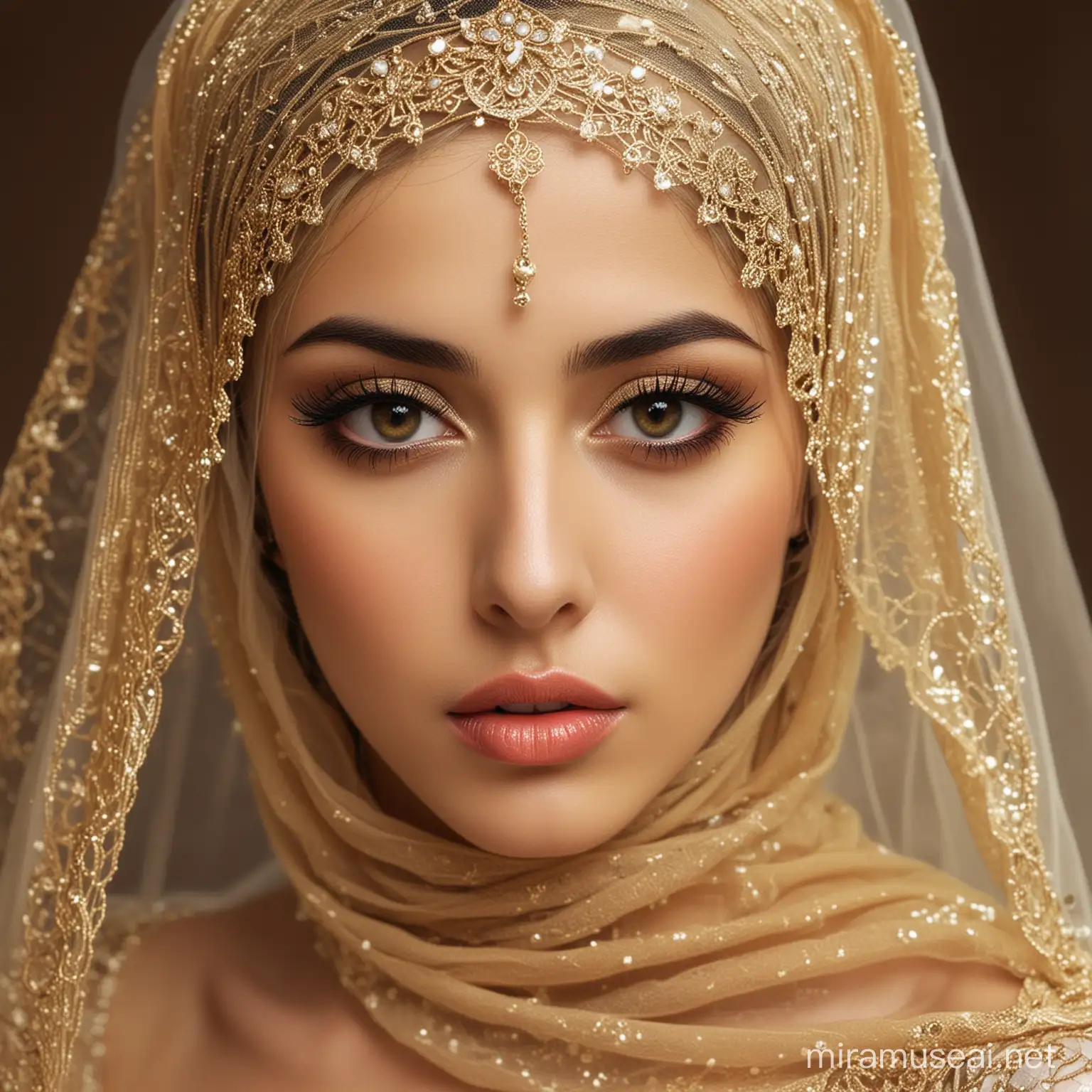 Glamorous Iranian Veiled Woman with Alluring Eyes and Golden Attire