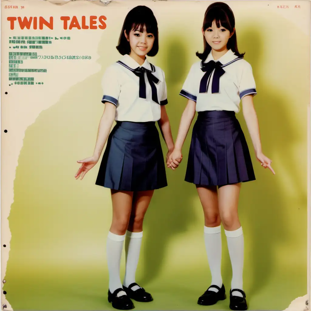 record sleeve for 1960s j-pop group, with realistic photograph of two young adult female singers, dressed in seifuku with short skirts, holding hands, in a play room, title is “Twin Tales”, includes company logo and price markings, slightly worn condition