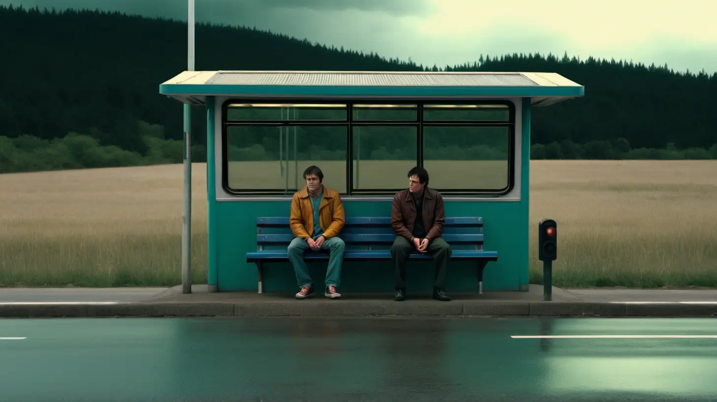 Rural Bus Stop Scene with Two Individuals and Parked Car Quentin Tarantino Style