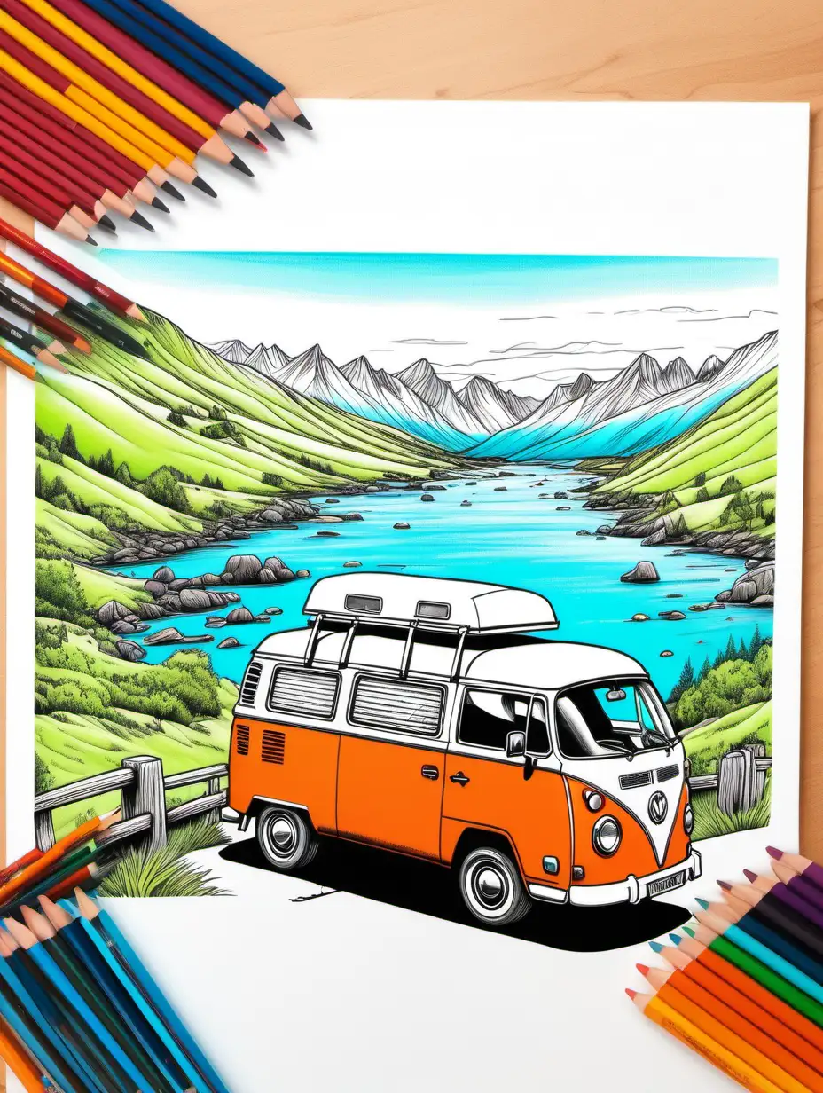 CAMPERVAN WITH A  VIEW DRAWING IN VIBRANT COLOURS