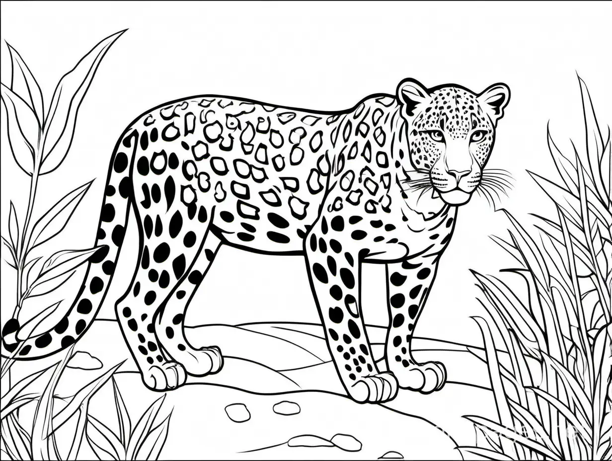 leopard outline, Coloring Page, black and white, line art, white background, Simplicity, Ample White Space. The background of the coloring page is plain white to make it easy for young children to color within the lines. The outlines of all the subjects are easy to distinguish, making it simple for kids to color without too much difficulty