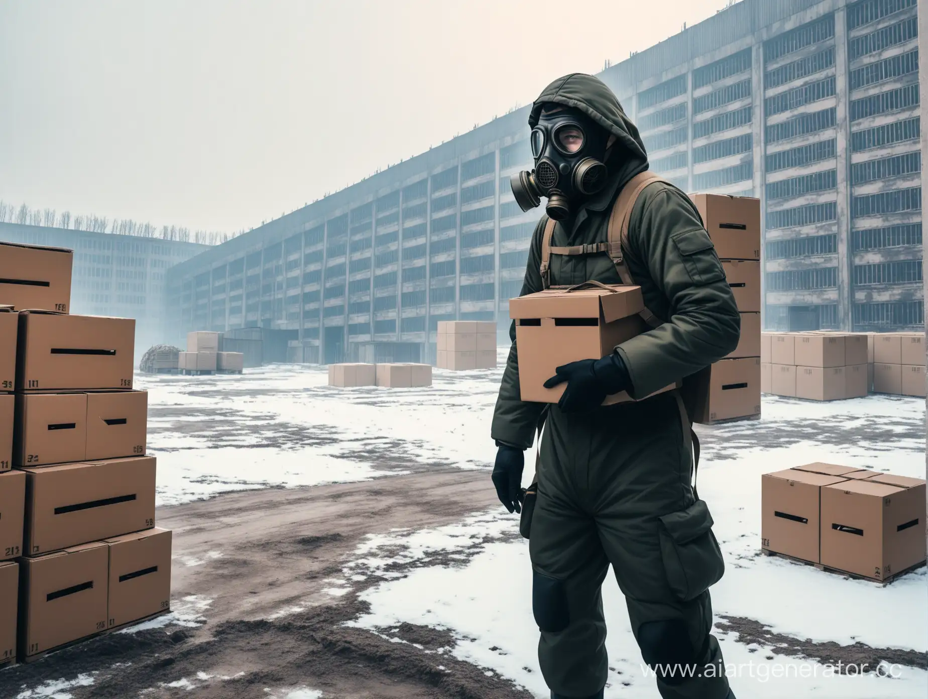 Chernobyl-Survivor-GasMasked-Man-Amidst-Infestation-Warehouse-with-Stalkcraft-Boxes