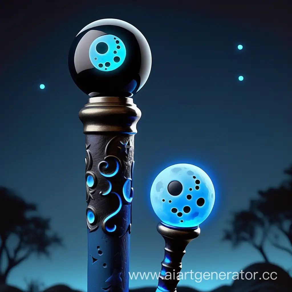 Сине-черно-голубая светящая палочка с светящим набалдашником в виде луны с кратерами и со звёздочками с надписью "T"