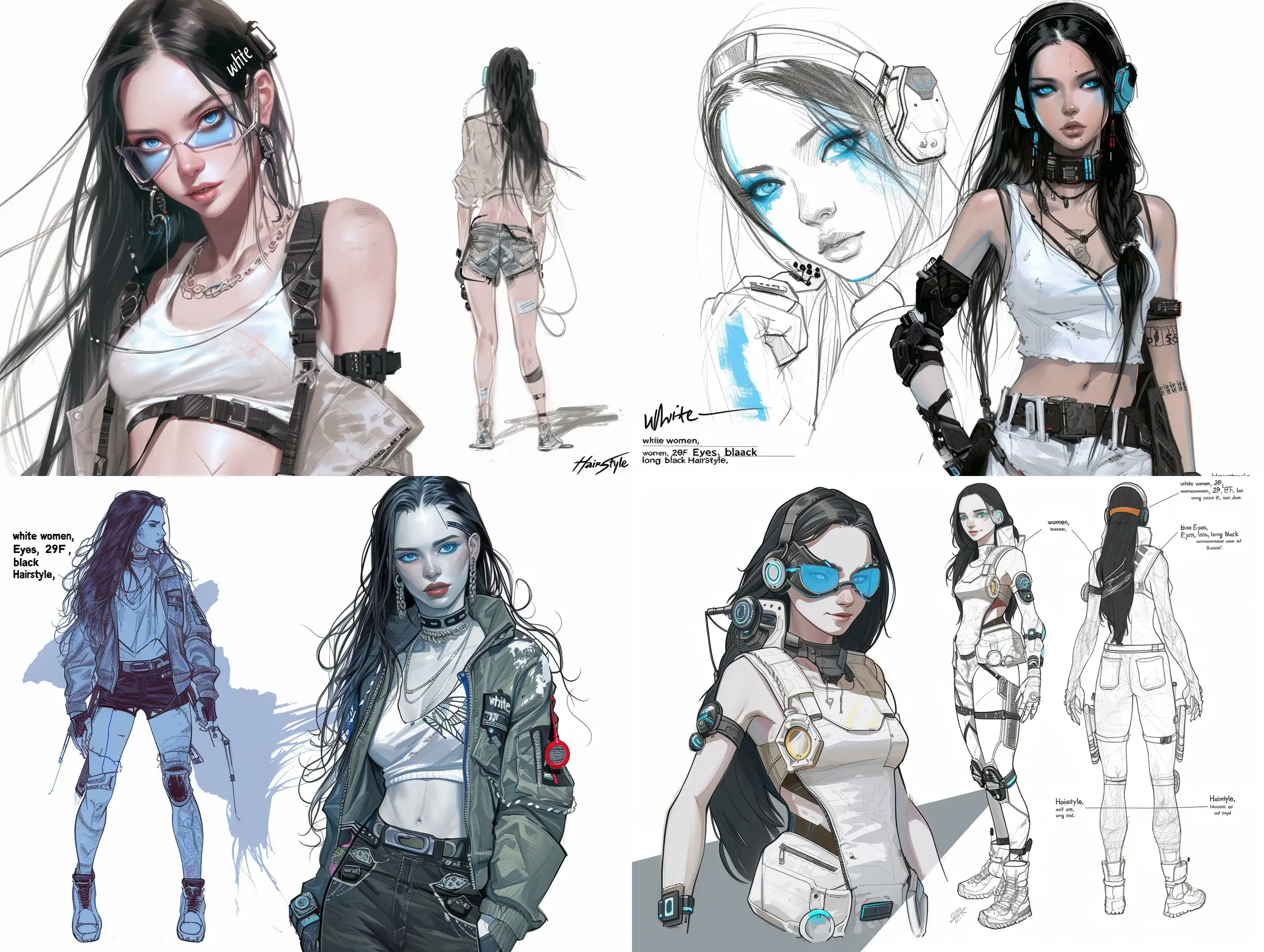  “white women, 29F, blue Eyes, long black Hairstyle,” American, cyberpunk outfit, looking at the viewer, sketch style, she standing, accessories, random body type, full body