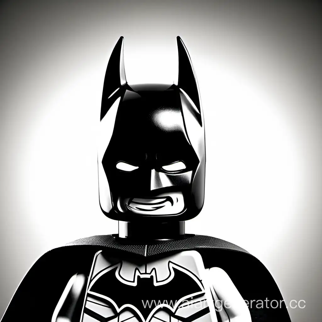 A separate head of Lego Batman, who smiles broadly in black and white 