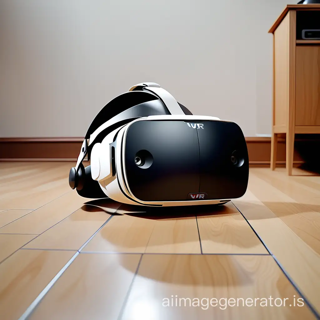 The VR helmet, directed to the right, lies on the floor.