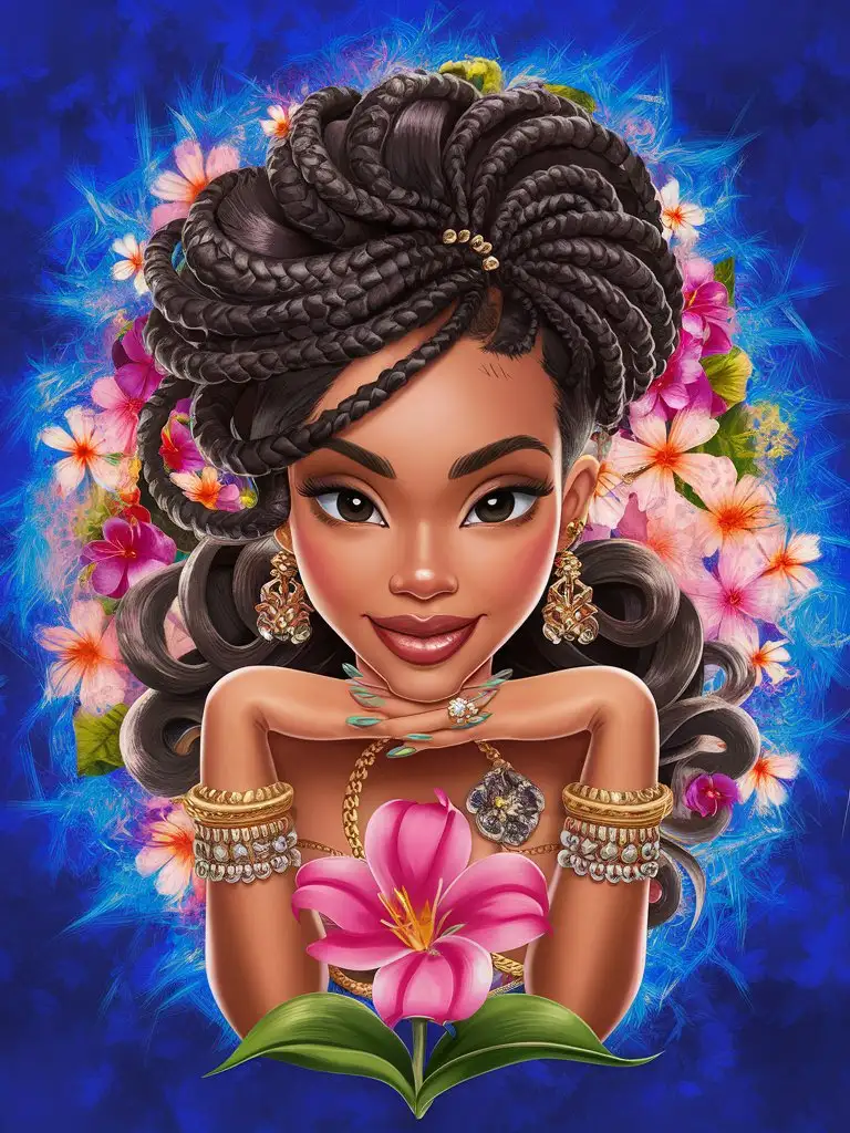 digital painting cartoon portrait of a beautiful black woman with stylish hair, she has ornate jewelry and big earrings, the background is a vibrant blue with colorful flowers, her hands are under her chin, in front of her there's a pink flower