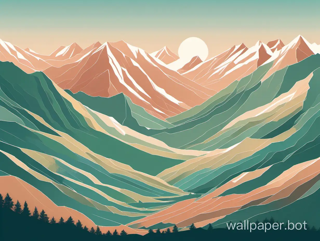 Generate a visually captivating vector illustration featuring flat art of curvy, layered mountains reminiscent of the Himalayas. Utilize pastel colors to create a serene and harmonious palette. Ensure a wideframe perspective to emphasize the expansive beauty of the mountainous landscape. The overall image should convey a sense of tranquility and awe-inspiring depth through the carefully crafted layers of the mountains.
