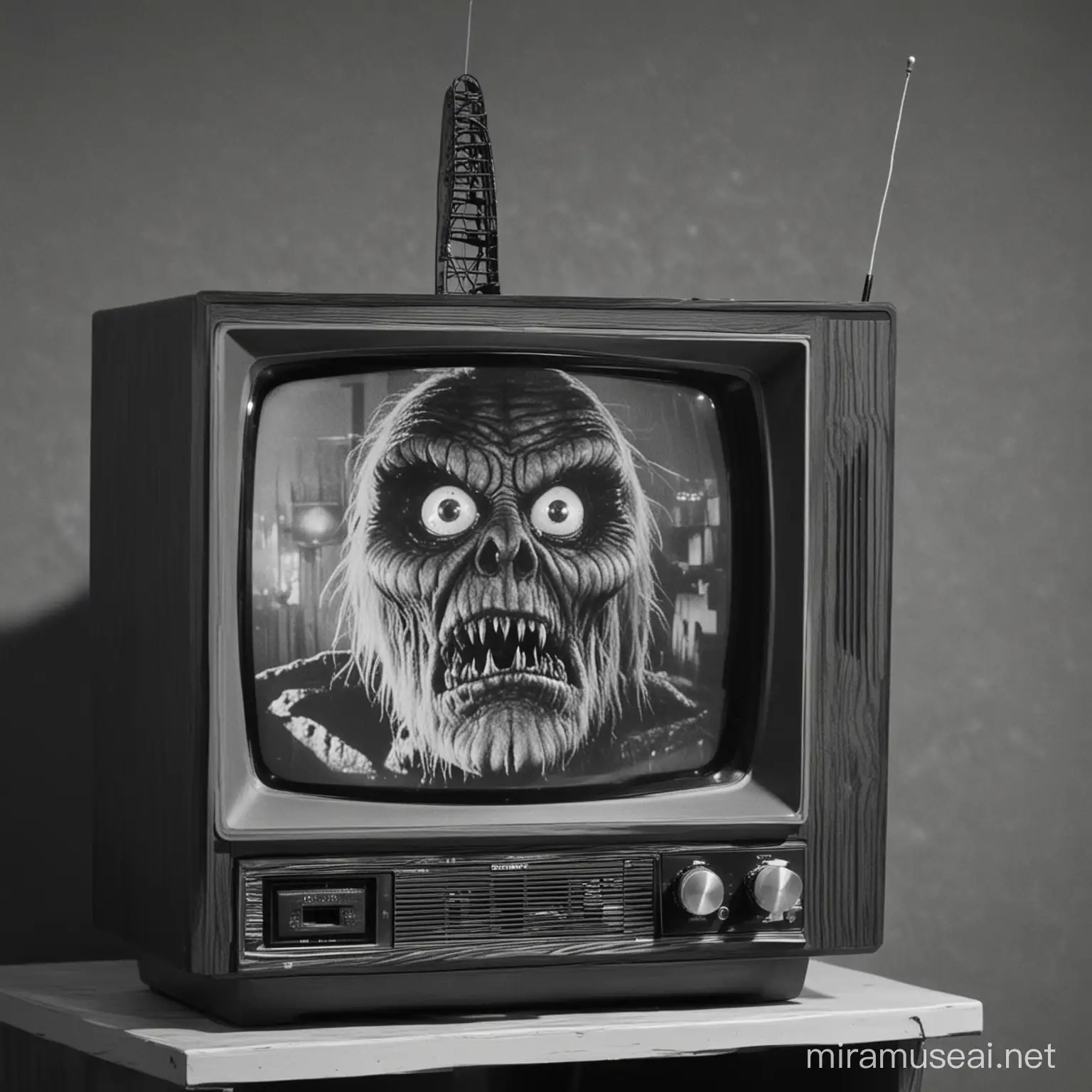 1970s television with the antenna. On the black and white screen is an image of a Saturday night fright night chiller theater monster movie.