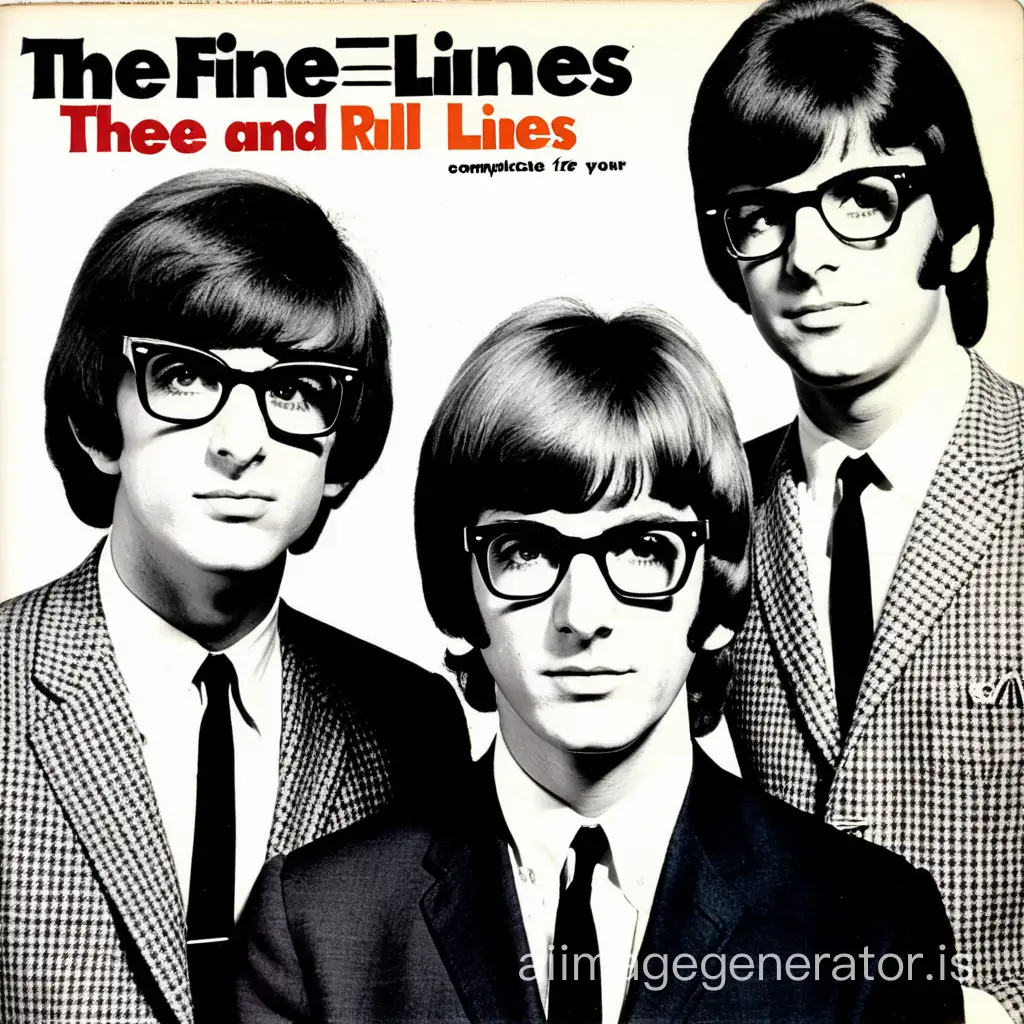 three band members in glasses, 1960s rock and roll, words "Thee Fine Lines" album cover, words "complicate your life!" at bottom
