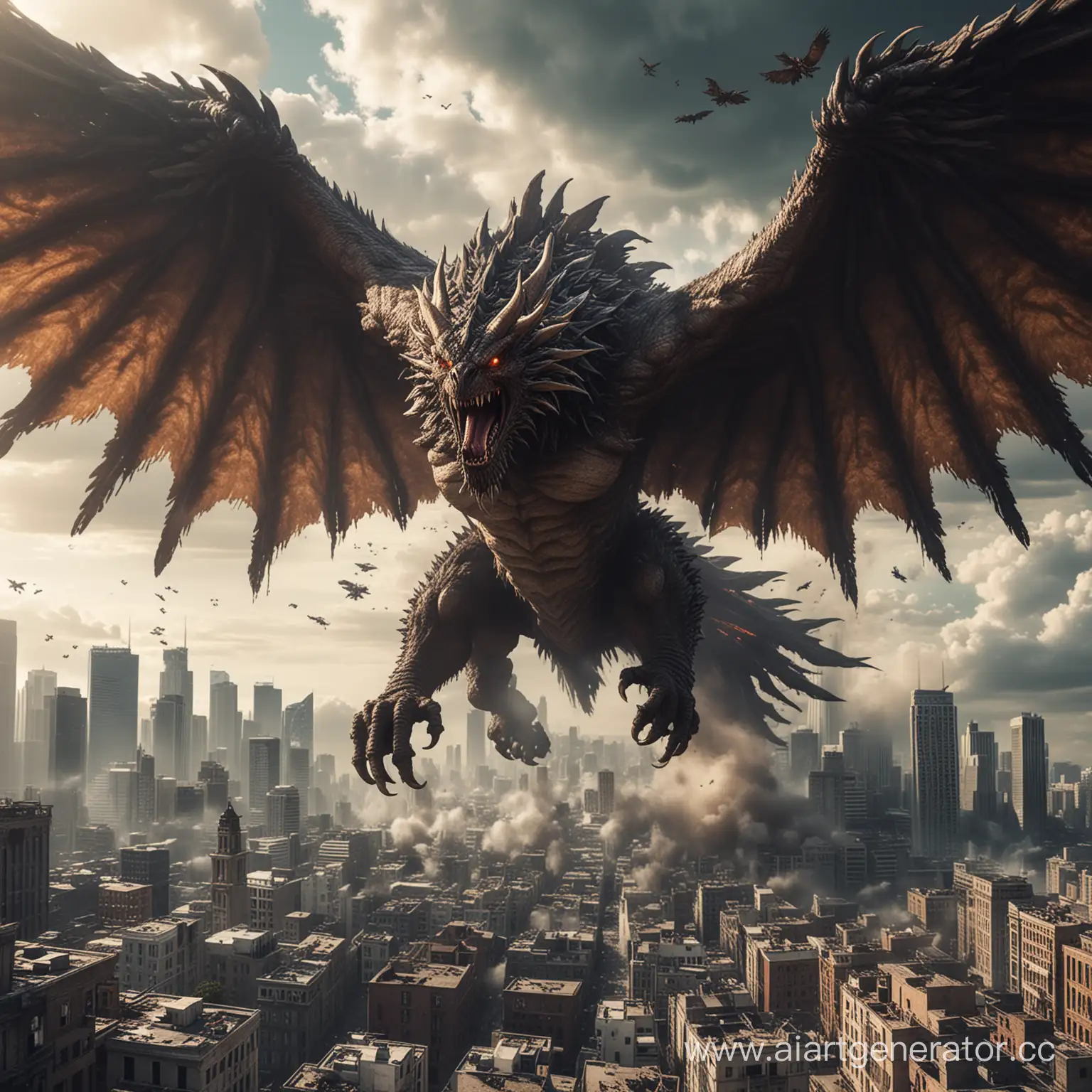 Огромный Монстр с Крыльями, уничтожающий Город