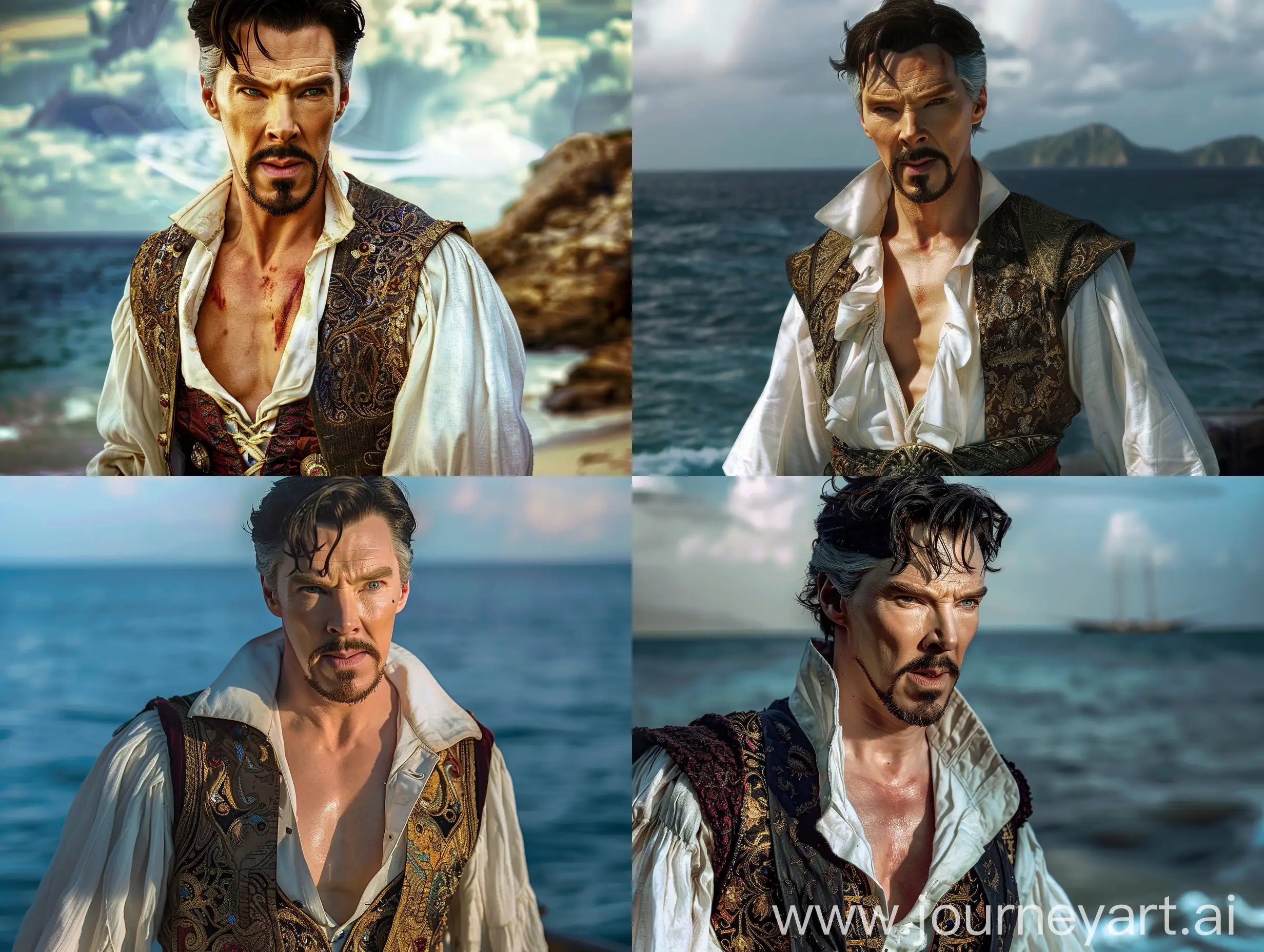 Doctor Strange, in pirate white peasant shirt, sexy, exposing chest, brocade vest, near the sea, no hat. no cloak, realistic.