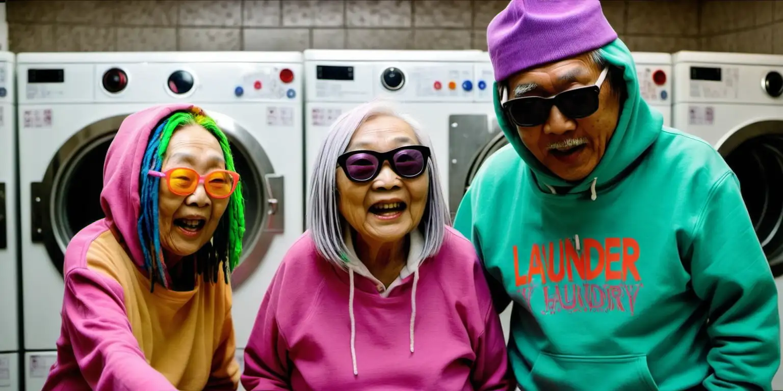 a candid image of asian elderly couple in a laundry room wearing hipster hoodies and sunglasses with colorful dread hair