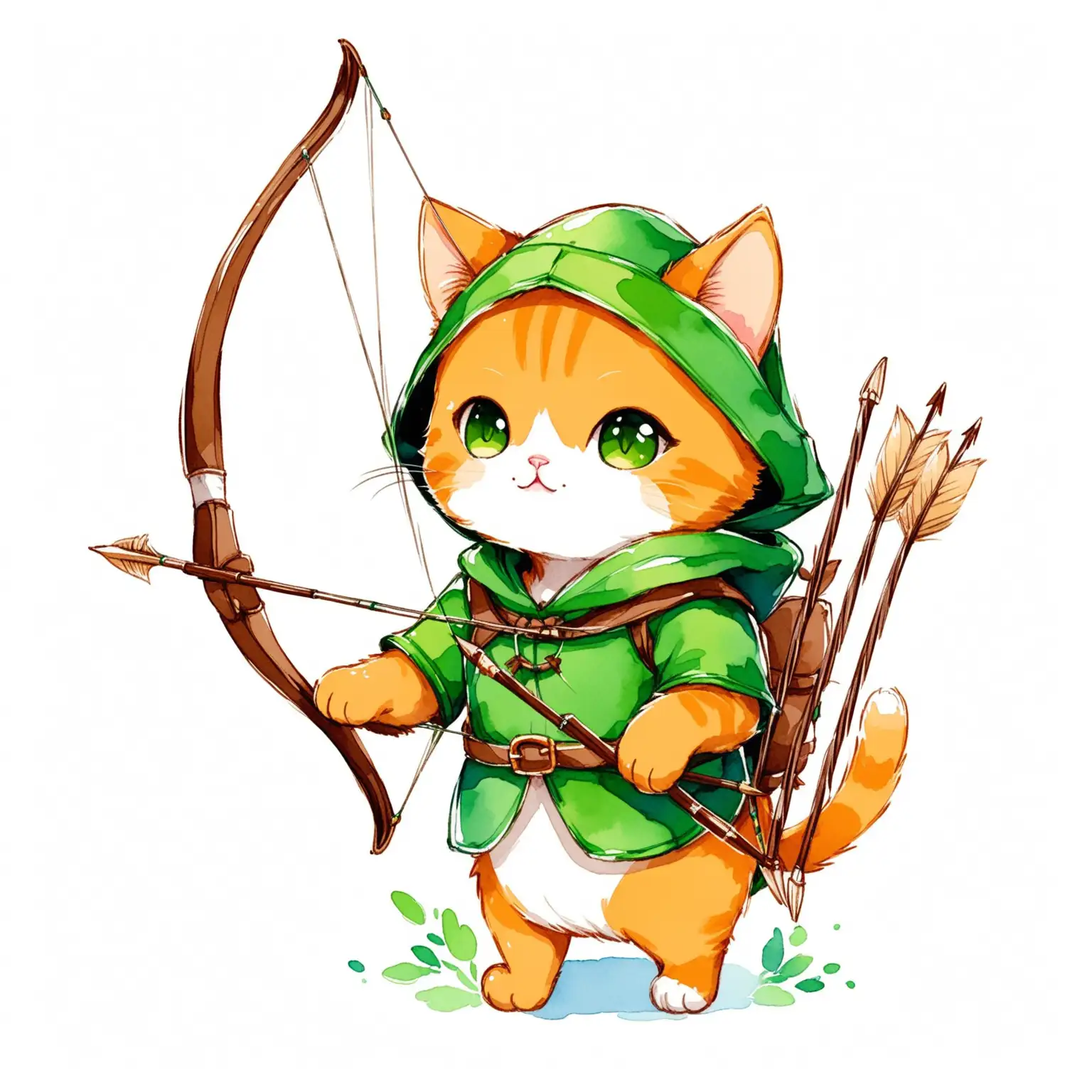 cute cat robin hood, This cat carries a bow and arrows, waterpainting, minimalist, illustration