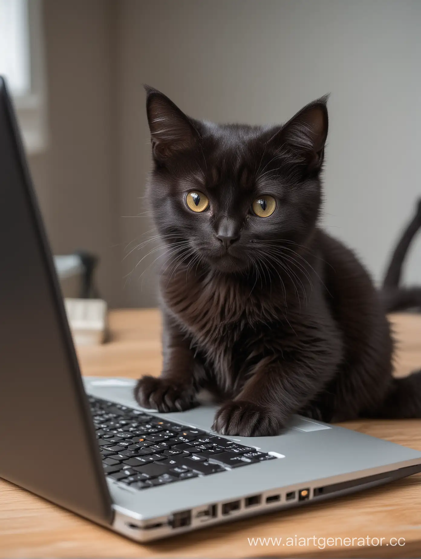 милый черный котик сидит за ноутбуком и пишет код