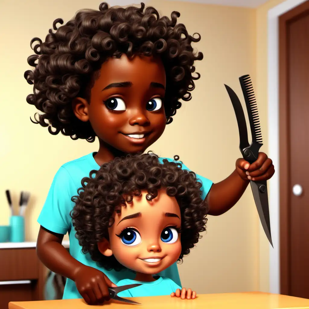 little black boy cutting sister's curly hair cartoon