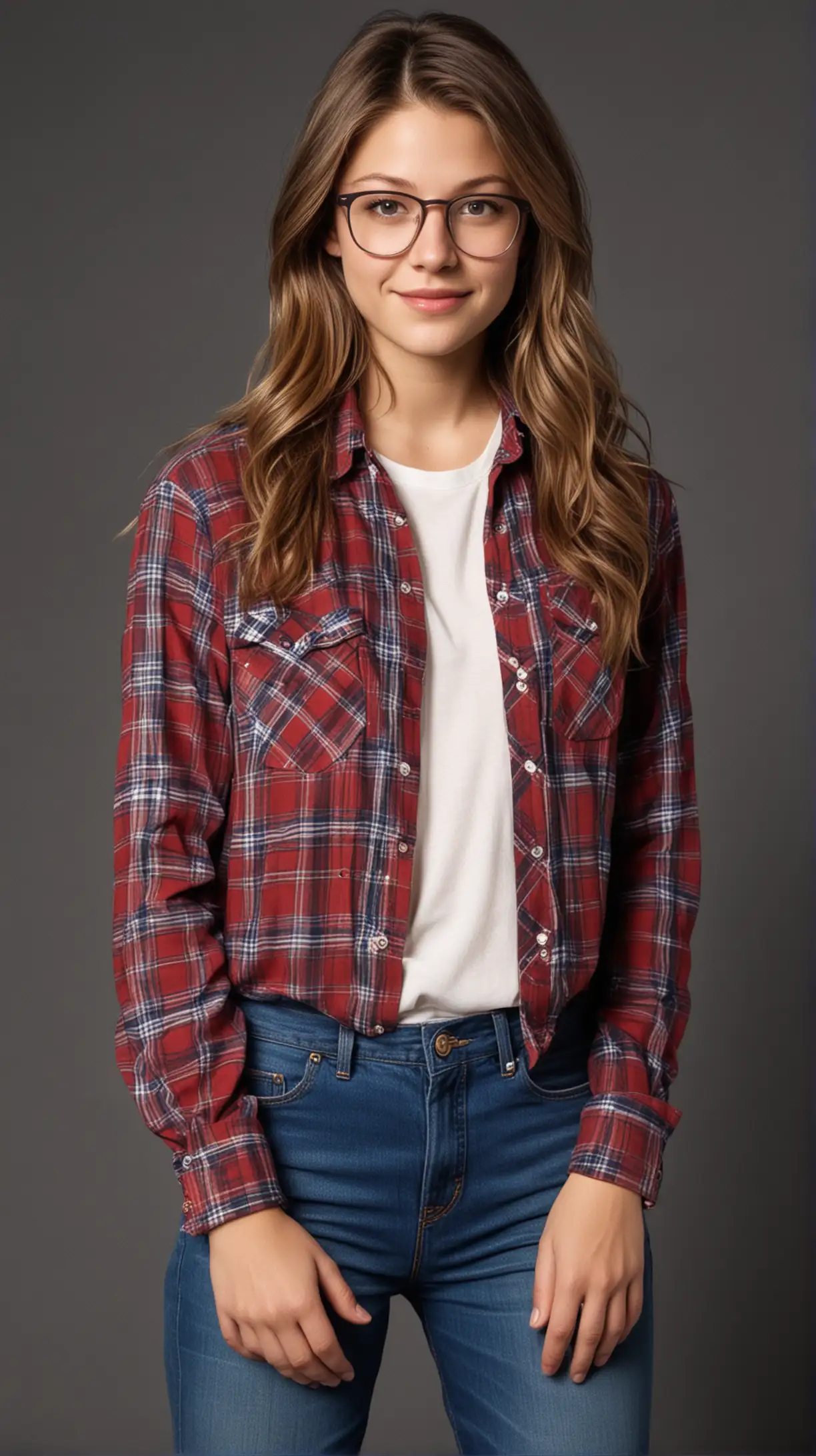 20-year-old Melissa Benoist with long hair. Wearing glasses a flannel shirt and jeans in 1980s, Stranger Things