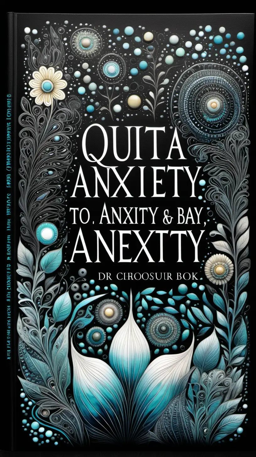 A book title cover called A quote a day to keep Dr Anxiety at bay. A motivational and empowering self-care guided book to create positivity, mindfulness and manifestation 365 times! Ainslie Roberts style, Dreamtime dot art, aboriginal australia, lines, watercolor, intricate details, internal dot art landscape mirrored on water's surface below, colour scheme centred on vibrant cream, white, ochre, aqua against a stark black, black negative space, backdrop, chiaroscuro enhancing the intricate details, in a digital Rendering “v6”