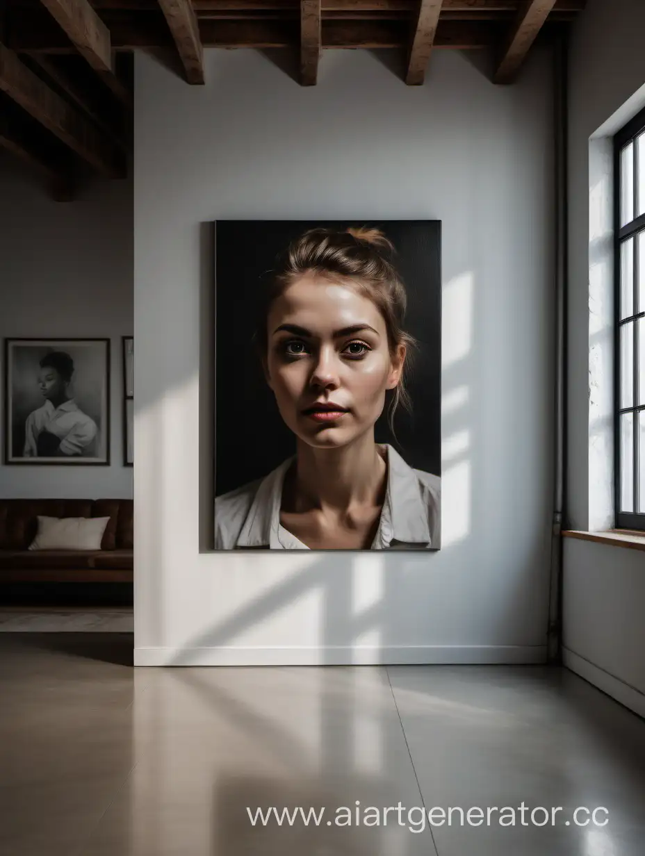 The portrait on canvas stands on the floor at an angle in a loft-style interior where there are no windows, leaning against the wall.