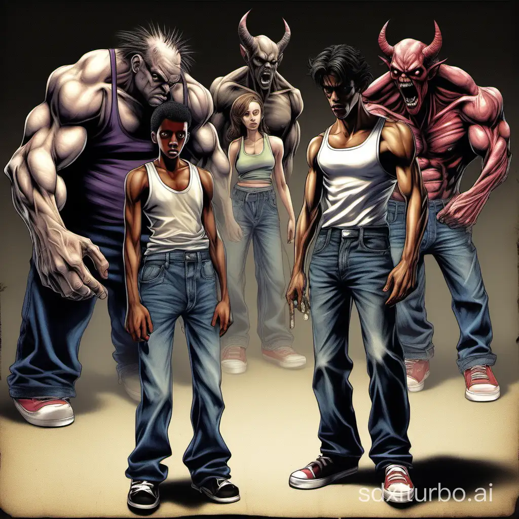 A lifelike view of a teenage gangster wearing a wife beater and baggy jeans is struggling and seemingly possessed by a demon