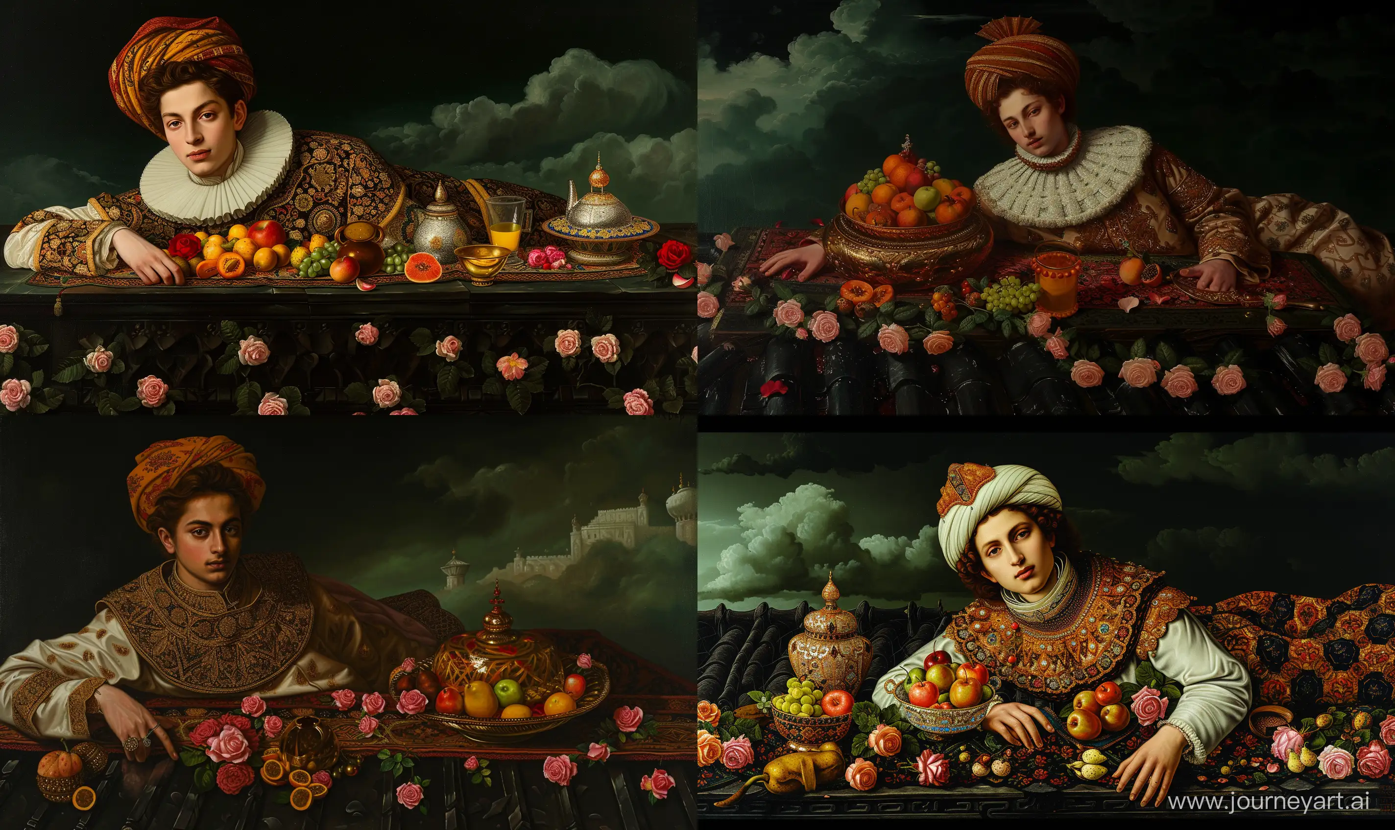 Medieval European portrait painting in style of Thomas Lawrence, depicting a brown haired king wearing collared persian attire and ottoman turban, reclining at roof of a mughal fort, Islamic lusterwares surahi with fruits and juices and many rose flowers on carpet, dark black greenish cloudy background  --ar 5:3 --v 6