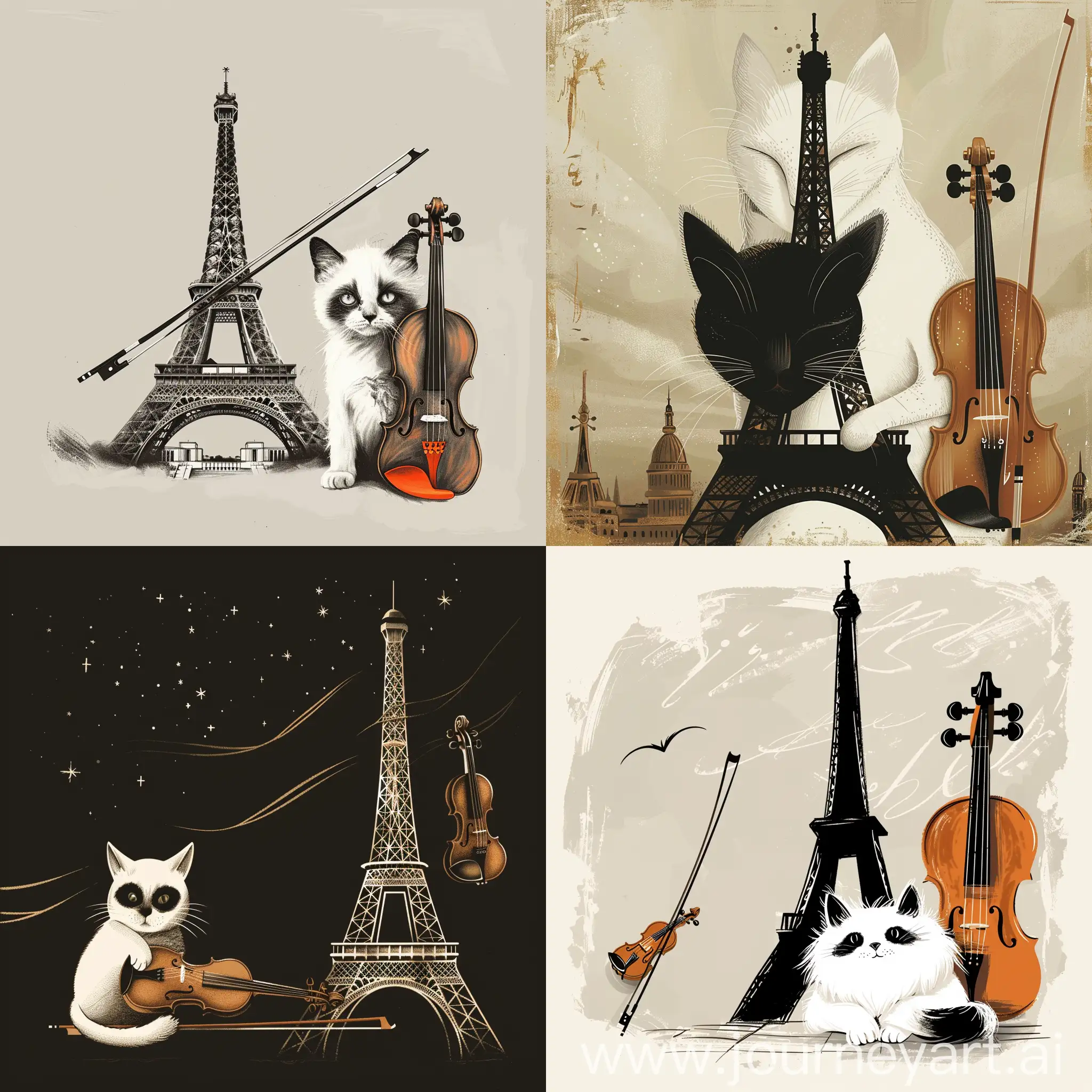 Una imagen de la torre eifiel como ilustración , un gato blanco y la cara negra, un violín al lado