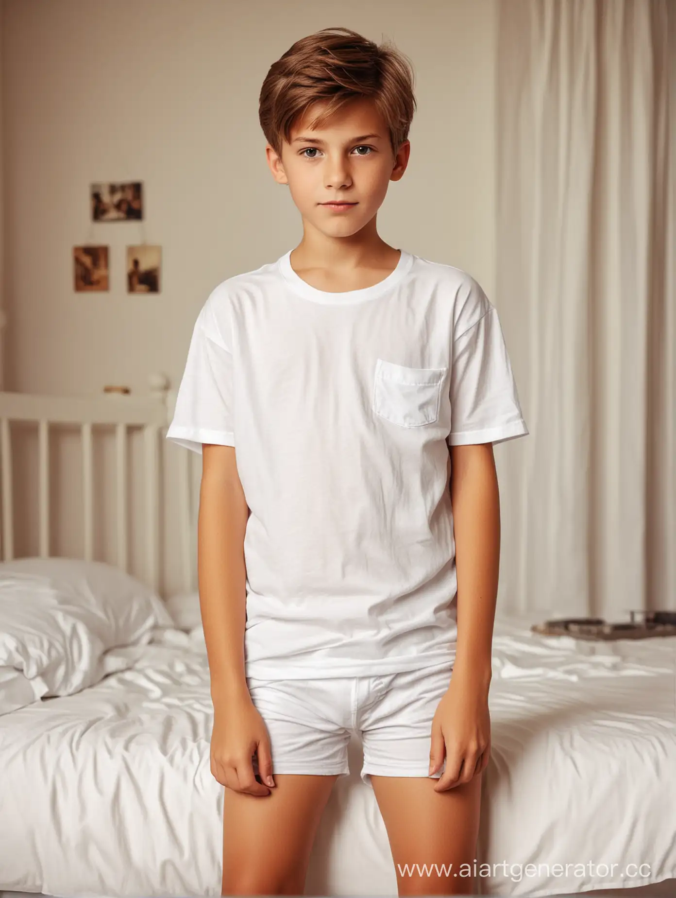 Boy-in-Retro-Style-Bedroom-Wearing-White-Tshirt-and-Shorts
