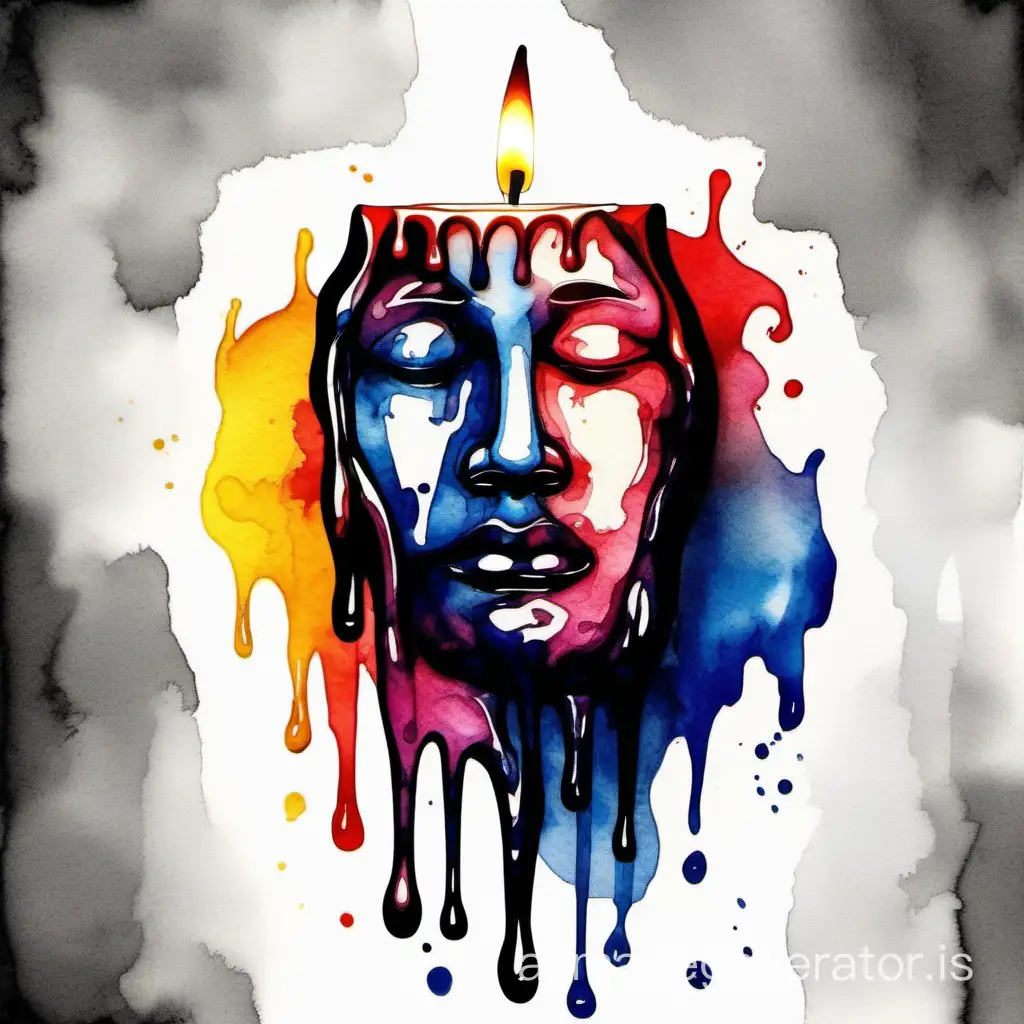Abstract cartoonish watercolor design of a melting human face as a candle with very sad expression, sumi-e watercolor style, color splash, multicolor palette, design suitable for tshirt print, and with total black background