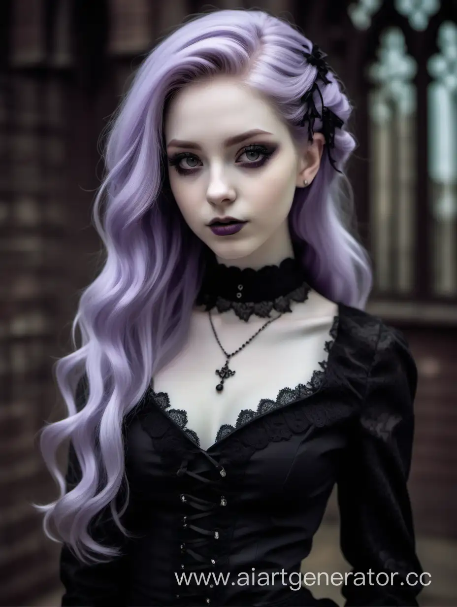 A girl with pale skin and black eyes, her hair is the color of lavender, her hairstyle is combed to one side, Gothic-style clothes, medium height and slim build, modest breasts and modest ass.