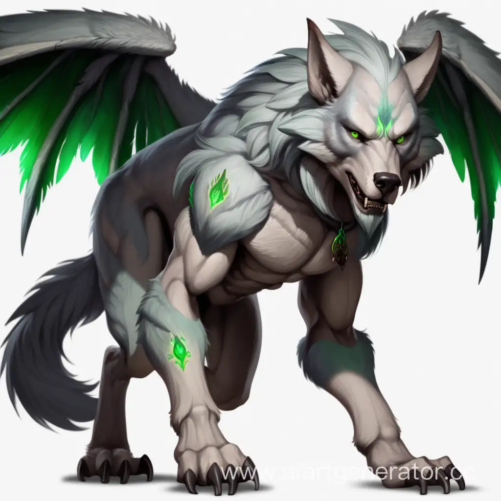 Ashen werewolf with green eyes and scale-like gray wings