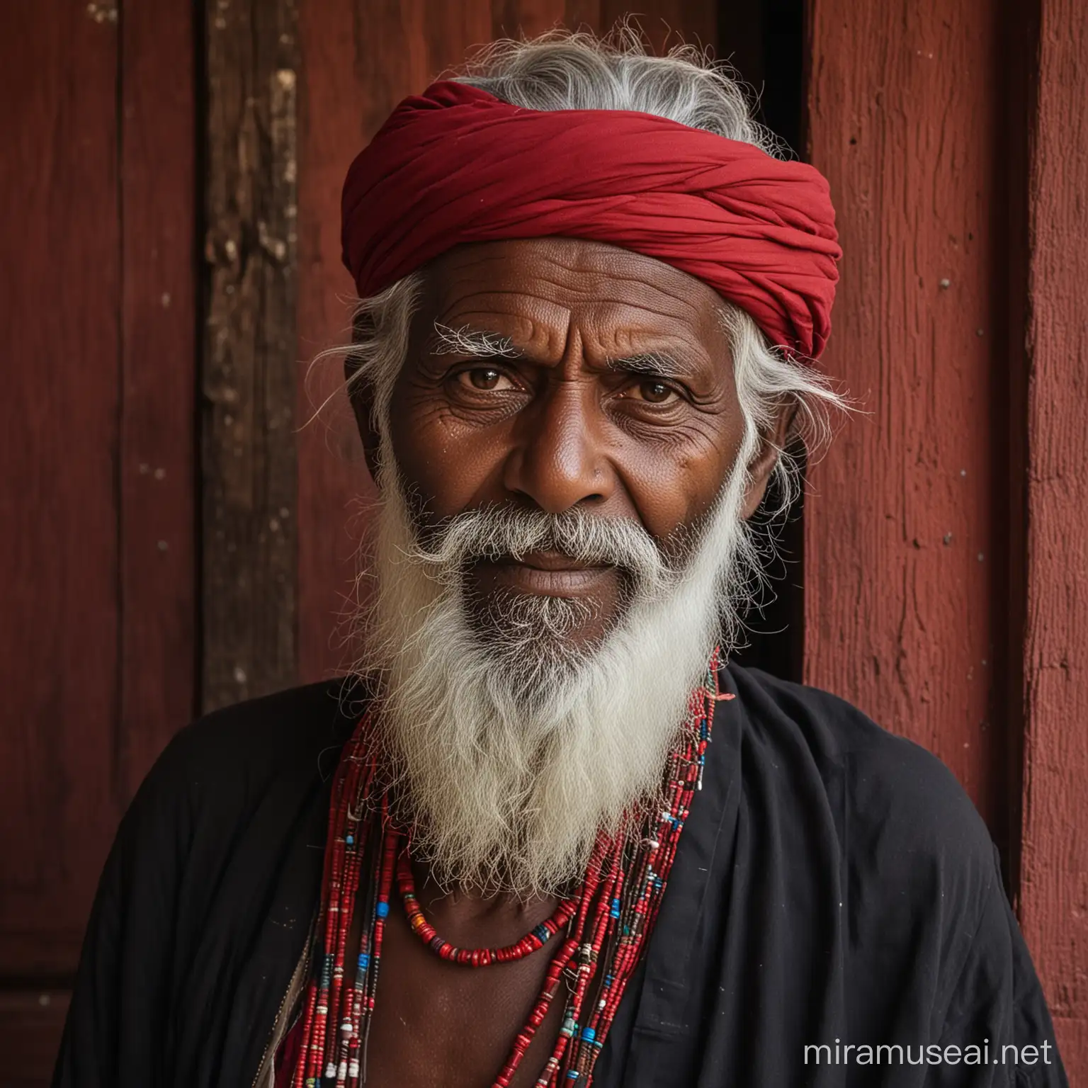 old nomad rabari gujarat white beard colorfull close portrait   back ground dark red old rajasthan door fuji xt3