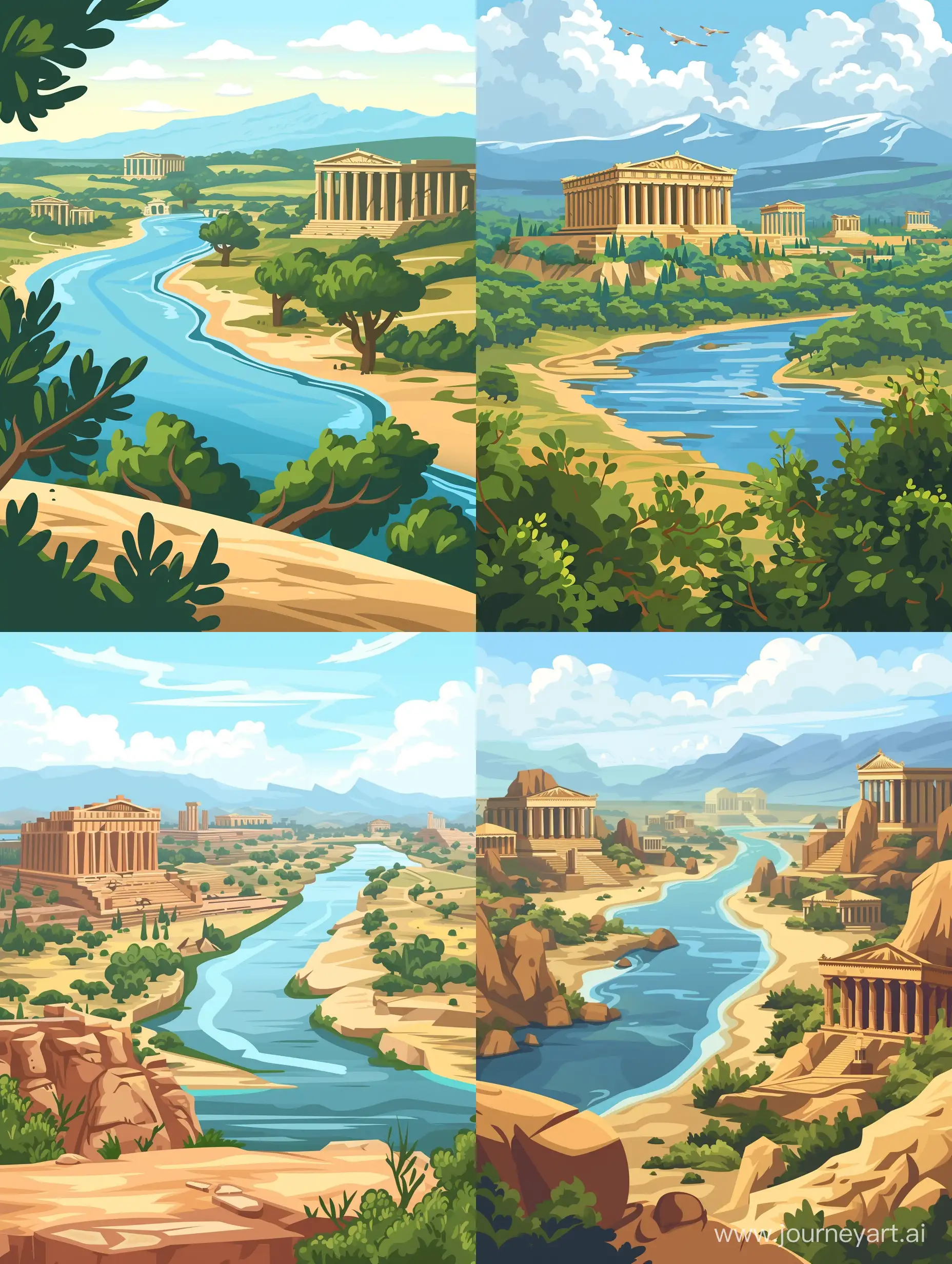 Стиль рисованный мультфильм. Горизонтальный пейзаж древней Греции. На переднем плане берег, на среднем река м храмы древней Греции.