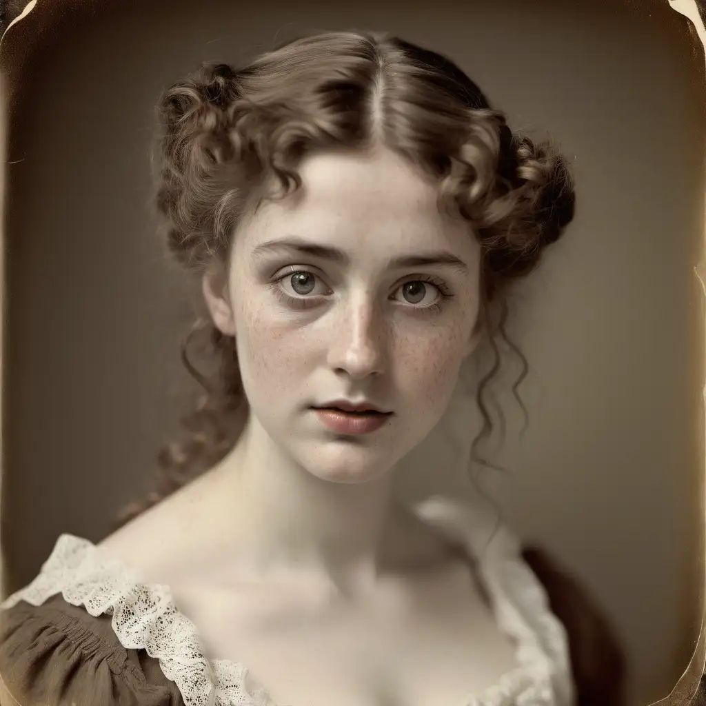 fragile beautiful woman, 19th century, chestnut curled hair,  delicate freckles, snub nose, big grey eyes, thick eyebrows, plump lips, 19th century
