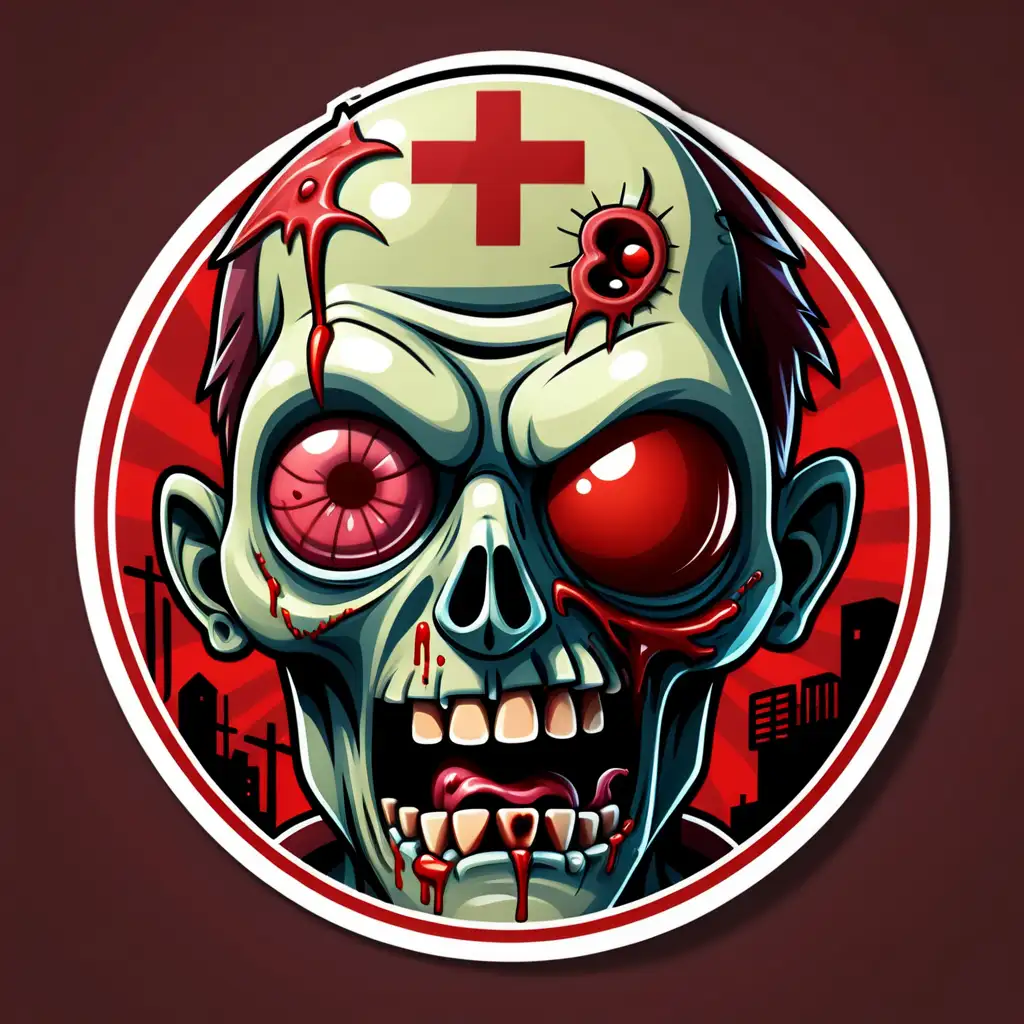 Vibrant Red Health Plus Zombie Sticker Icon for a Spooky Twist