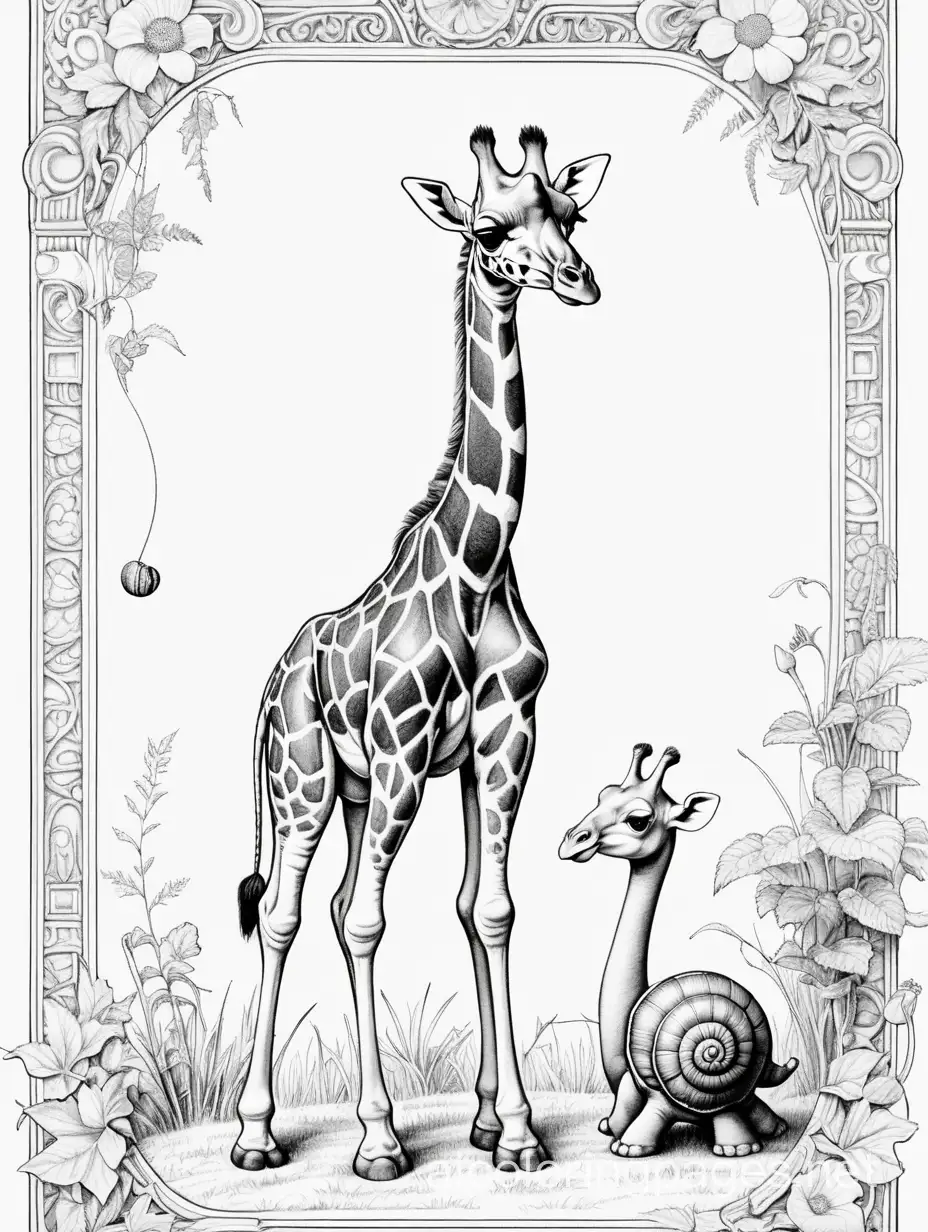 baby giraffe looking at a snail, highly detailed, intricate frame,  Jean-Baptiste Monge, Coloring Page, black and white, line art, white background, Simplicity, Ample White Space. The background of the coloring page is plain white to make it easy for young children to color within the lines. The outlines of all the subjects are easy to distinguish, making it simple for kids to color without too much difficulty