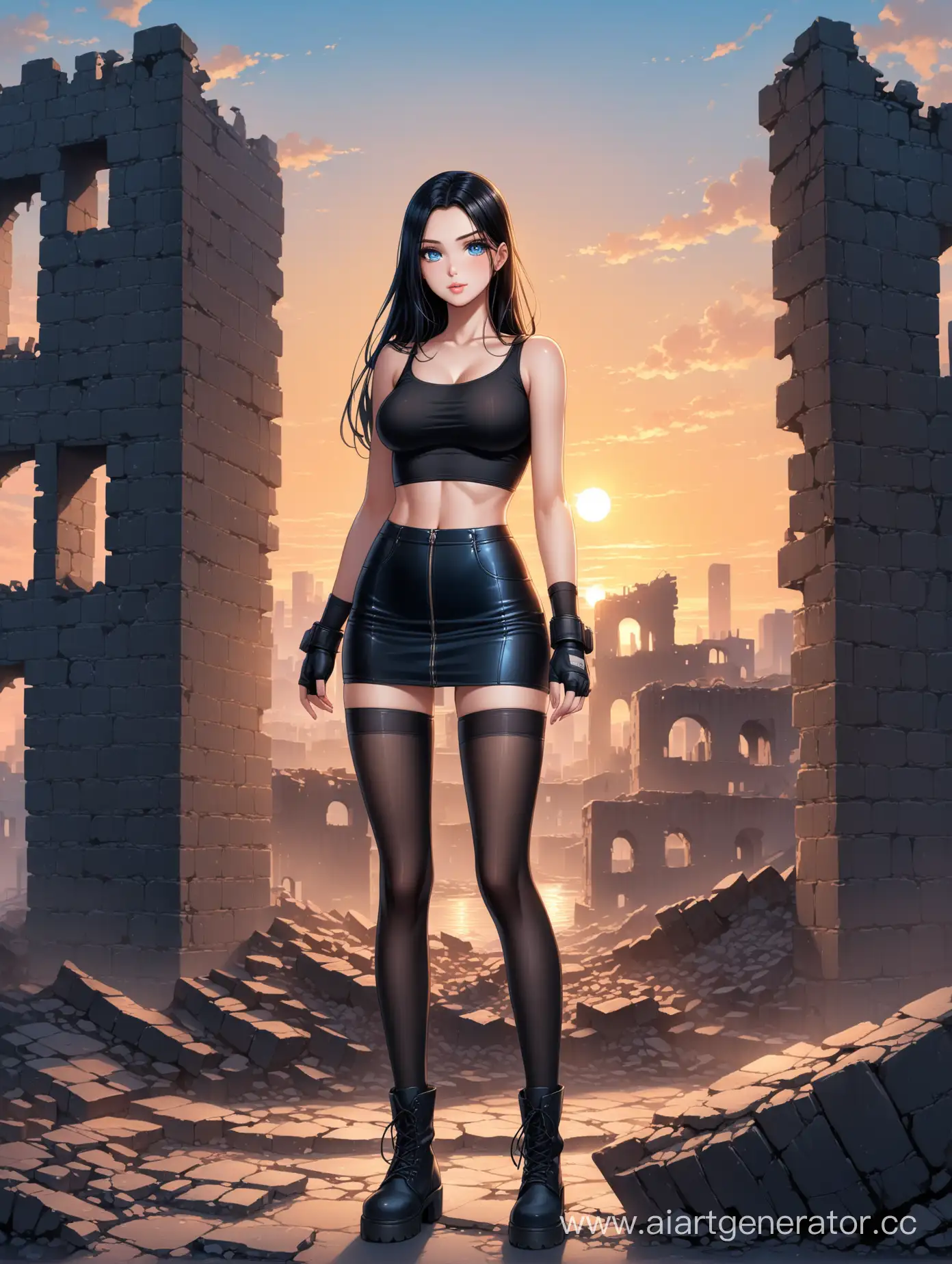 Elegant-Tall-Girl-Stands-Amid-City-Ruins-at-Sunset