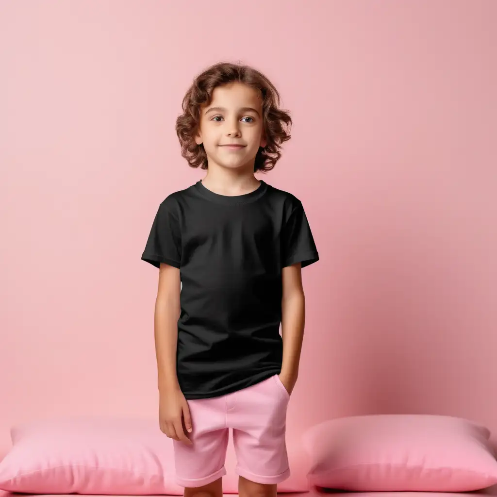 Youth Boy Black Tshirt Mockup In Playful Pink Room 