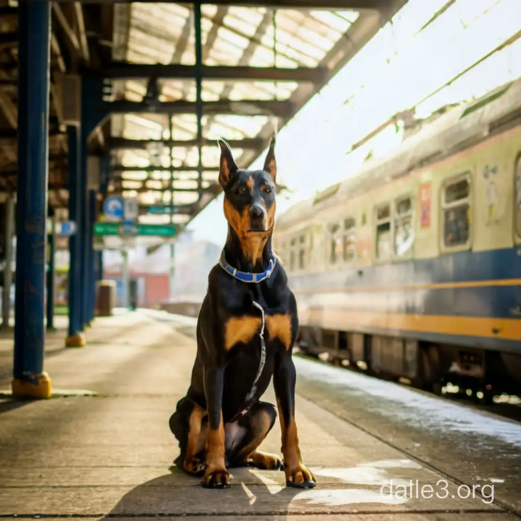 Пёс доберман ждёт на платформе вокзала поезд его освещают лучи утреннего солнца падает легкий снег