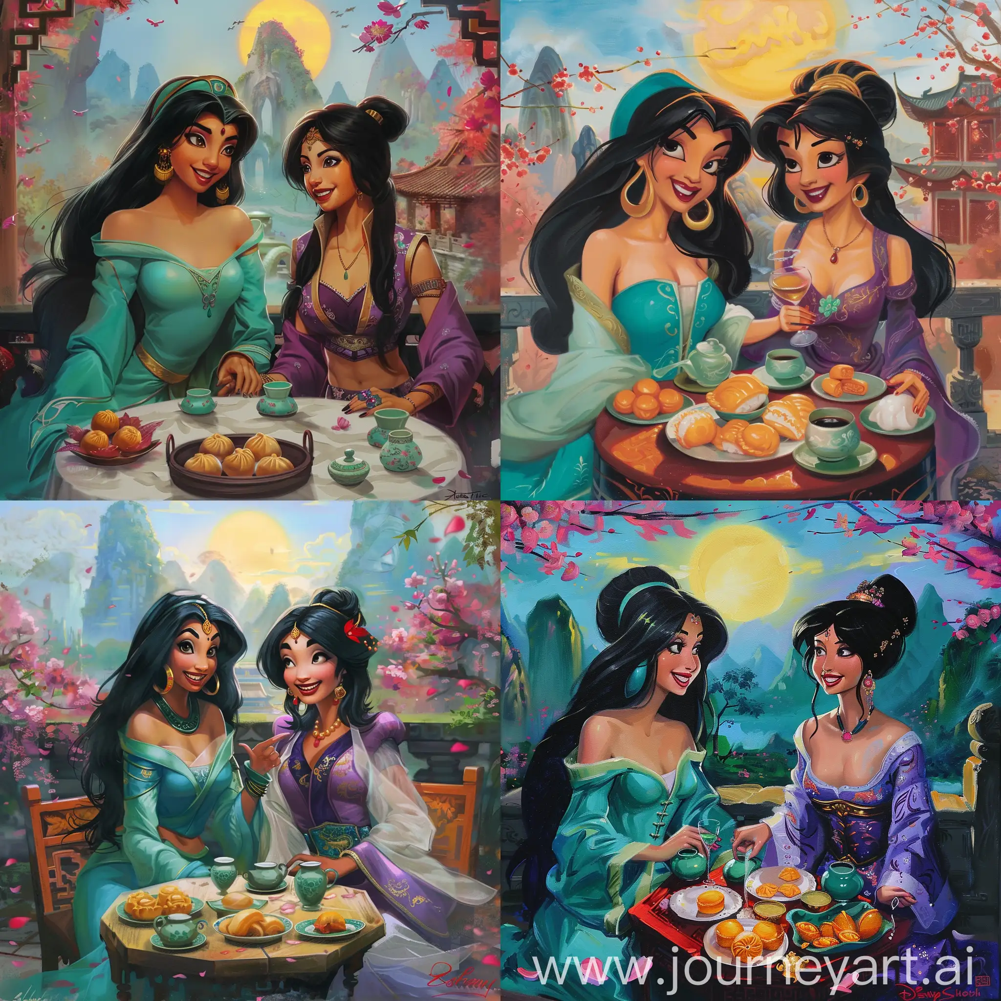 painting mode:

from Disney cartoon:

there is a Disney Beautiful Arabian Princess Jasmine, with black long hair, she wears deep green and turquoise colors Chinese Princess Hanfu robe.

a Disney Beautiful Indian lady Shanti, from the Jungle Book cartoon, with black two brides hair, she wears purple and rose colors Chinese Princess Hanfu.

they are sitting together, next to each other,

on the dinner table there are delicious Chinese dim sums and jade porcelain cups of wine.

they are inside a splendid Chinese Summer Palace's garden, with rose peach blossom,

Guilin mountain as background,

a yellow sun is smiling in blue sky,