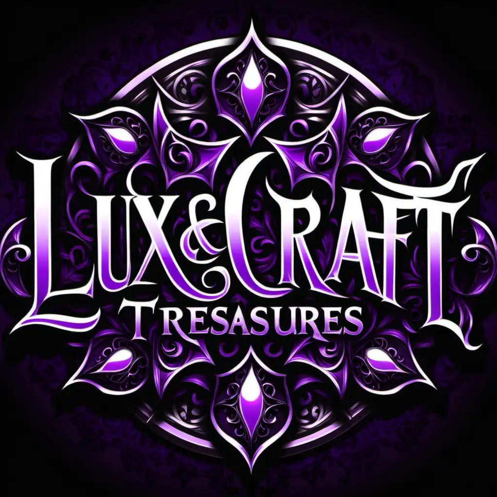 "Lux Craft Treasures", "Lux Craft Treasures", "Lux Craft Treasures", "Lux Craft Treasures" Logo in gothic style purple "Lux Craft Treasures", "Lux Craft Treasures" --no repeated letters -no ii "Lux Craft Treasures", "Lux Craft Treasures", "Lux Craft Treasures", "Lux Craft Treasures"