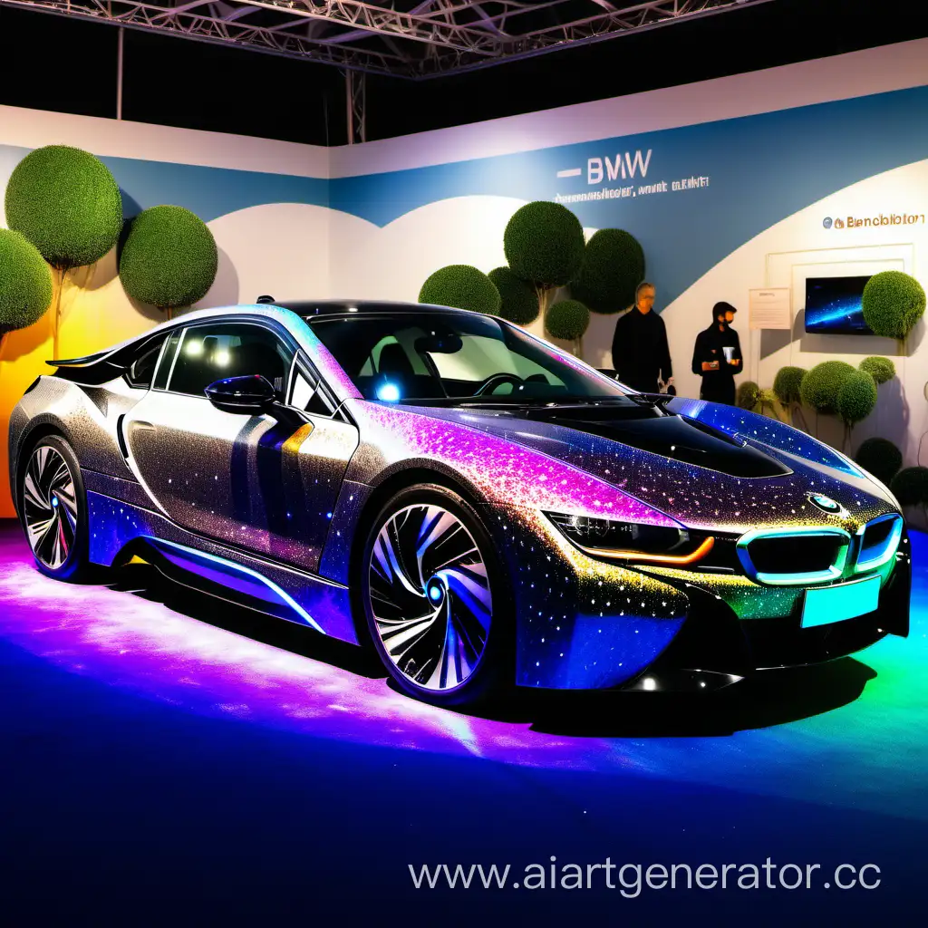 BMW-i8-Car-Covered-in-Black-Sparkles-with-Rainbow-Lighting-at-Exhibition