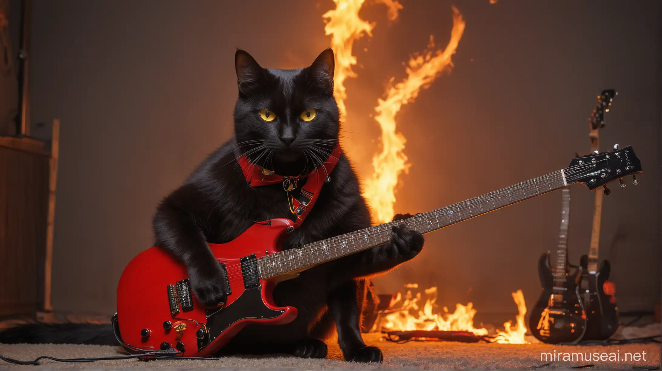 black cat, yellow eyes, thin red collar with red bell, fire, electric discharge, next to the cat is an electric guitar