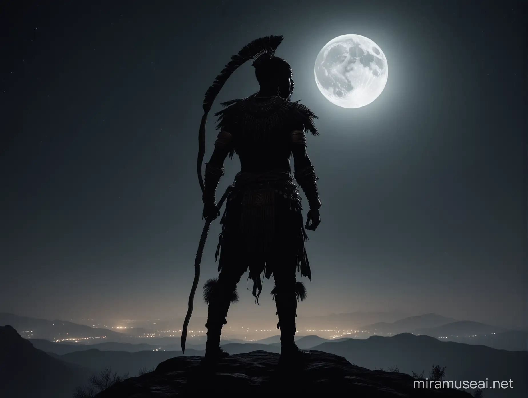 An African warrior, standing on the edge of mountain, night time, moon light, full body shot, dark shot, facing Back ,Silhouette