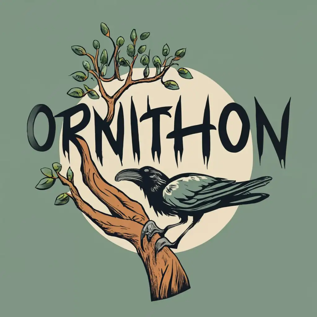 logo, ravens sitting in a tree, of a forest with needle trees, watercolors, punk style, Punk concert flyer, newspaper, print, logo, crazy colorful comic, with the text "Ornithon", typography, graffiti, caligraphy