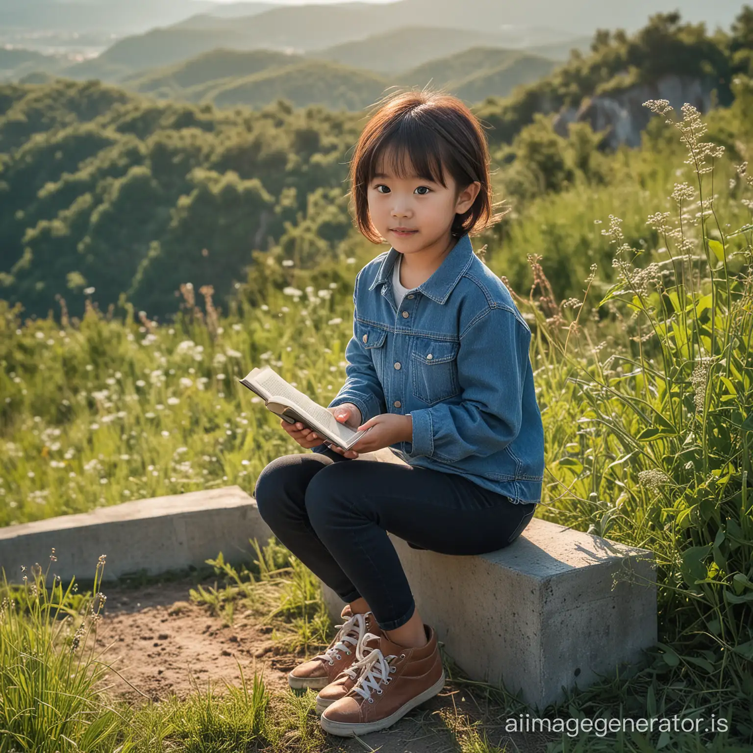 wide shoot photography, image of 3.5 years old Asian girl with short pony hair, round face, holding a book, wearing jeans and shoes, still image, on top of a hill with weeds and wild plants, bokeh background showing blue hills and forest in the distance, dynamic lighting, handsome pose , sitting on a bench made of concrete, a long and high bench made of cement, looking at the camera