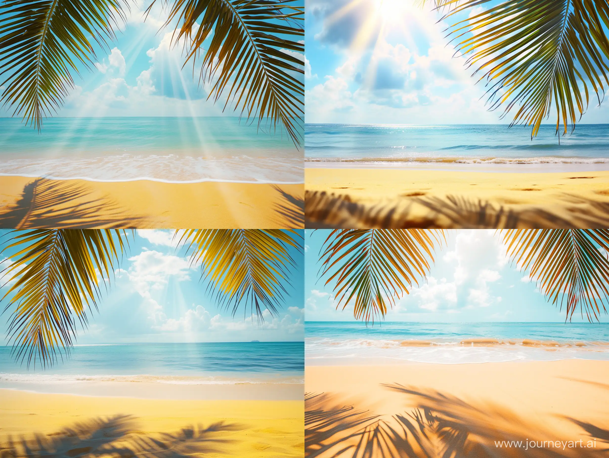 Summer background with frame, nature of tropical golden beach with rays of sun light and leaf palm. Golden sand beach close-up, sea, blue sky, white clouds. Copy space, summer vacation concept
