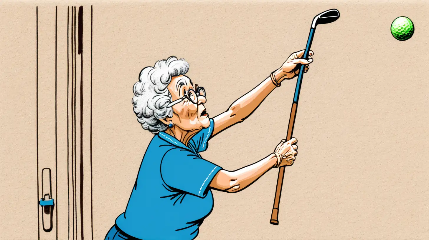 crayon drawing illustration of grandma wearing blue top holding a golf club with a green or blue cloth on the end reaching up toward a brown vent in the wall.