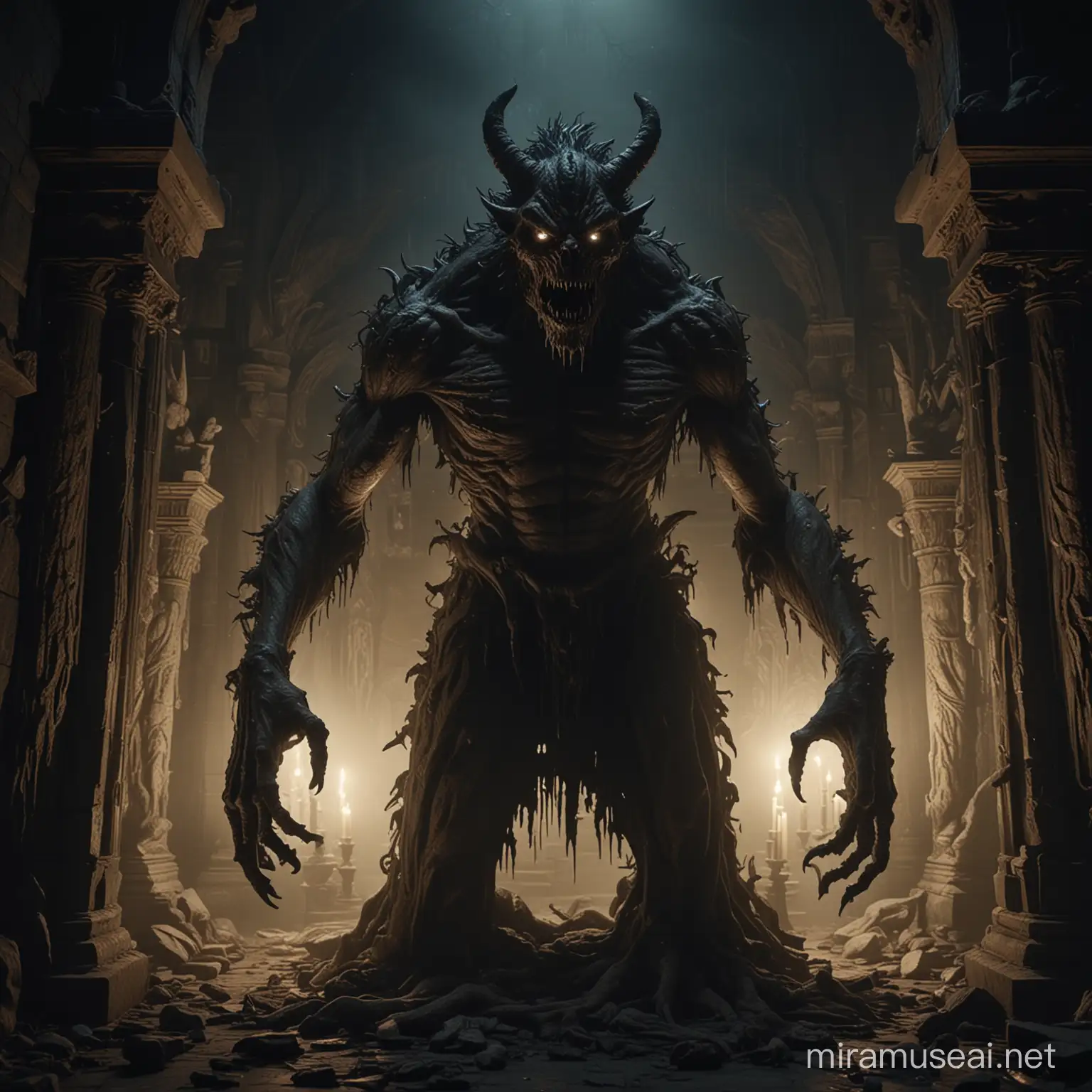 Eerie Midnight Shrine Grotesque Monster in 4K Realism