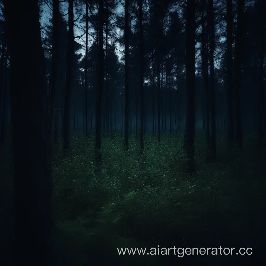 Тёмный дремучий лес летней ночью, фокус на уровне глаз человека
